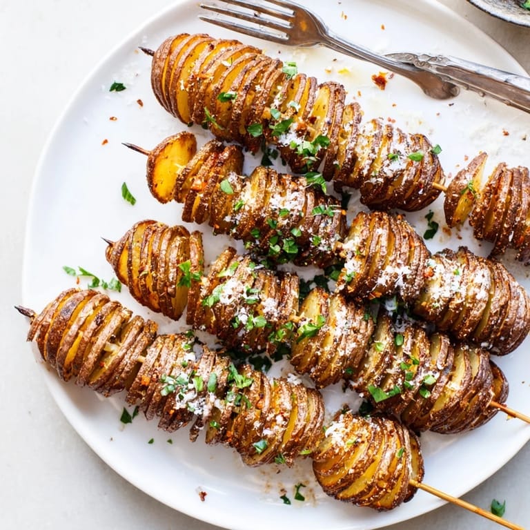 Golden spiral potato skewers, seasoned perfectly and air-fried for a crunchy snack.  