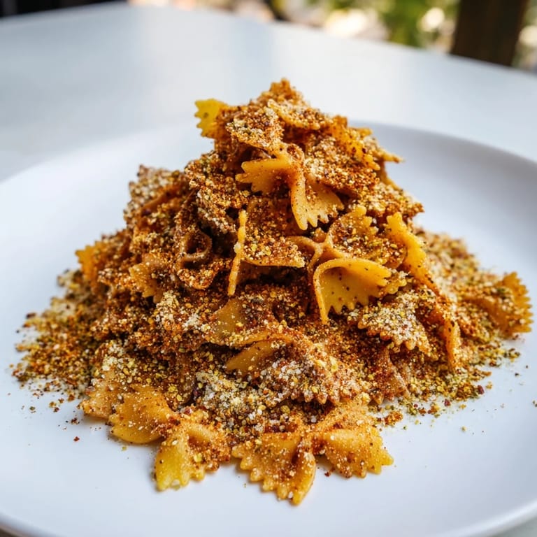 Flavorful baked pasta chips, tossed in spices, a delightful snack for any occasion.