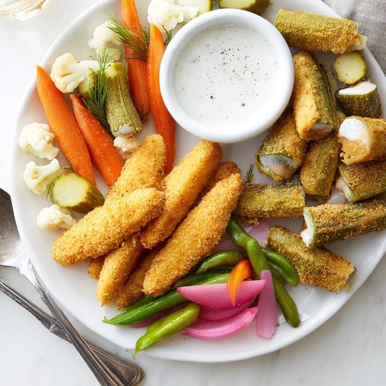 A vibrant platter of fried pickles and pickled-wrapped bites, perfect for snack lovers.  