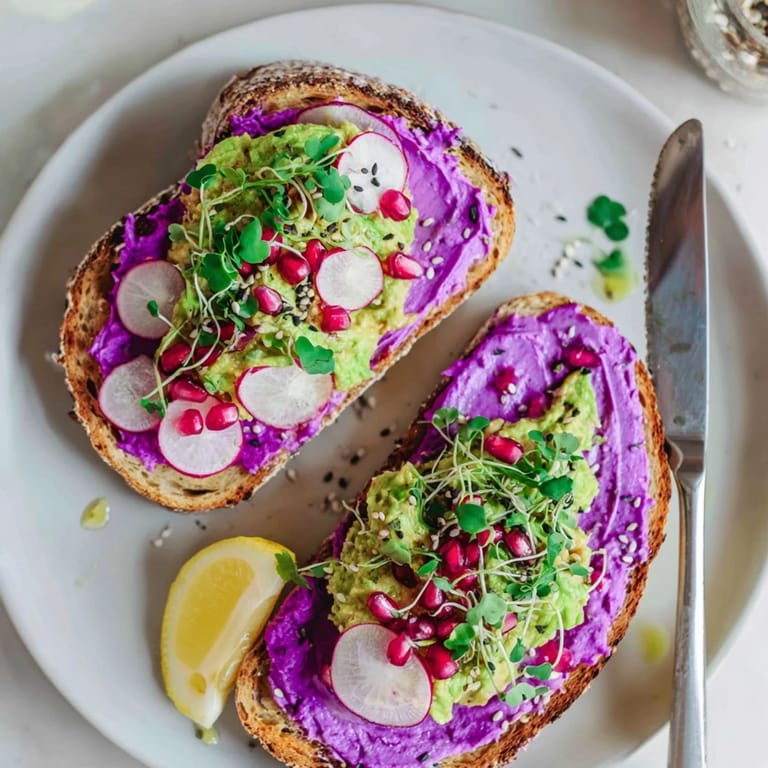 Garnished Bright & Bold Breakfast Toasts bursting with colorful toppings and fresh pomegranate seeds.  