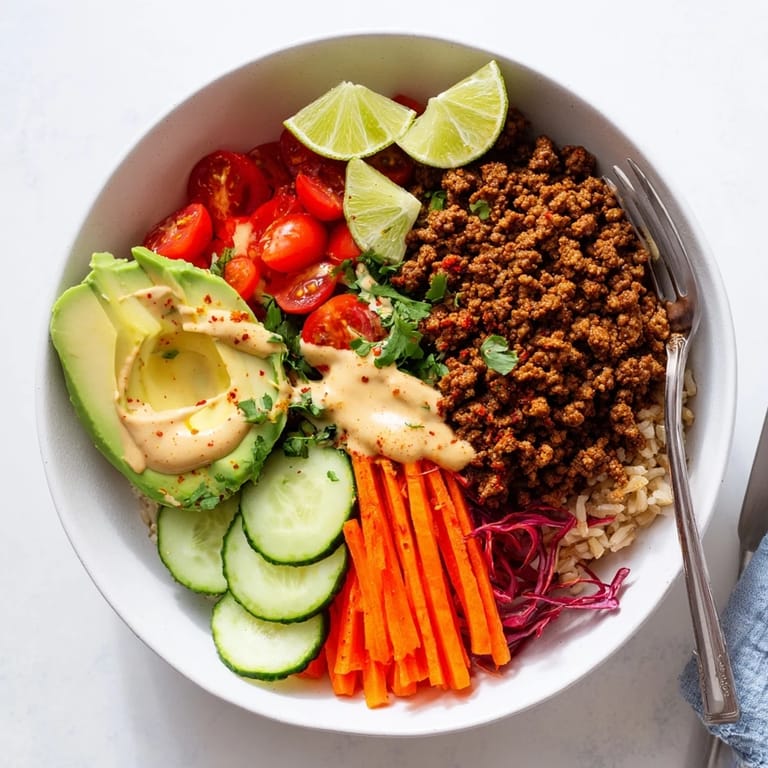 Satisfying plant-based meat bowl with quinoa, vibrant vegetables, and flavorful sauce.