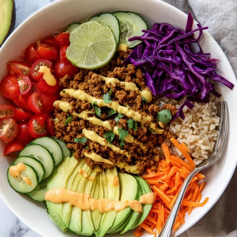 Delicious plant-based meat bowl featuring avocado, carrots, and spicy mayo drizzle.  