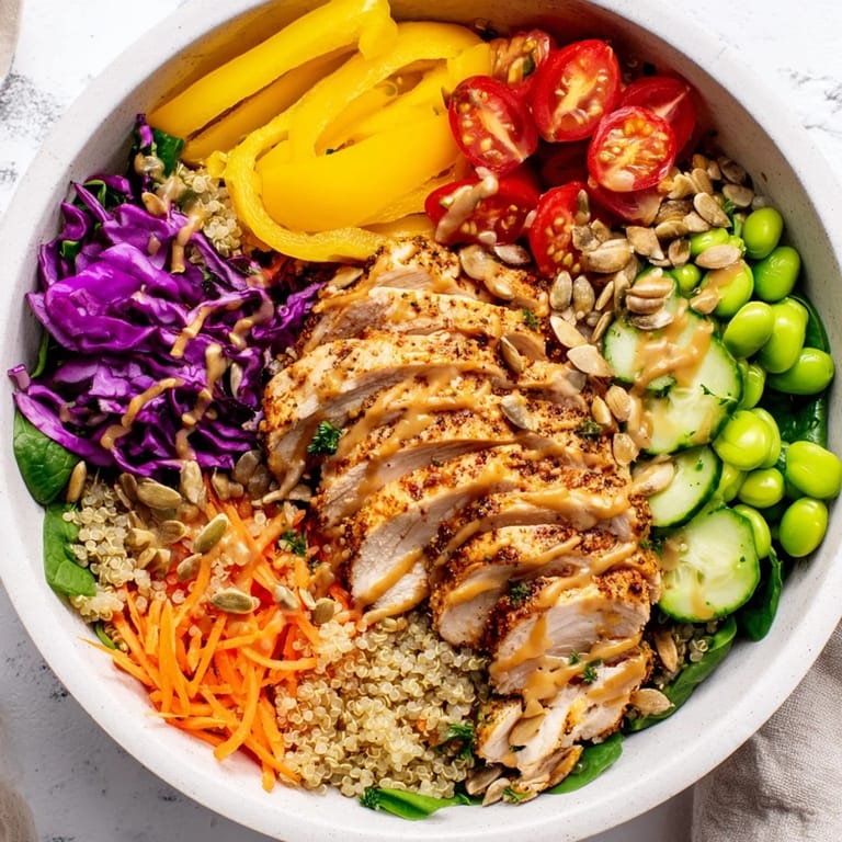 Deliciously layered healthy meal-prep bowls topped with zesty dressing and seeds.