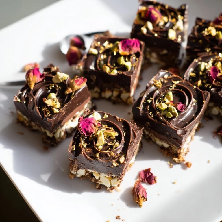 Indulgent dessert featuring a crunchy layer and luxurious edible gold leaf garnish.