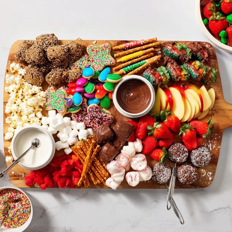 Indulge in a vibrant dessert board filled with cookies, fruits, and chocolates.