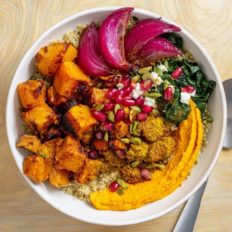 Delicious roasted winter vegetables atop quinoa, drizzled with ube-coconut purée.