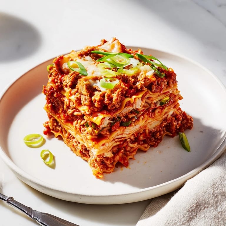 Delightful Spicy Ramen Lasagna featuring spicy pork and creamy cheese goodness.  