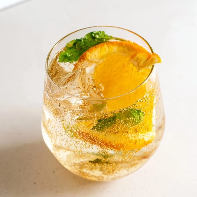 Colorful glass filled with sparkling probiotic soda mocktail garnished with orange slices and mint.  