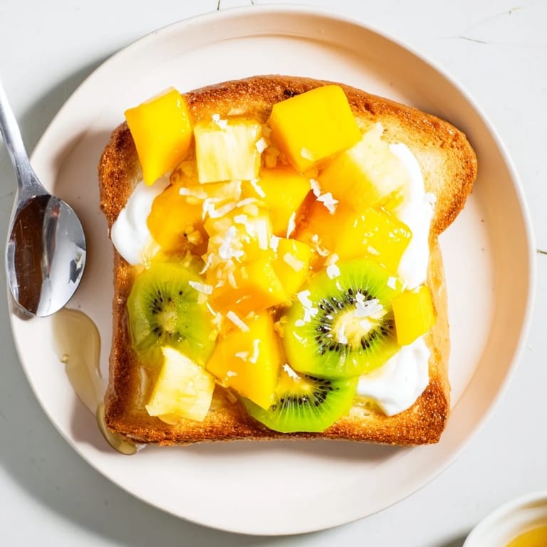 Decadent Yogurt-Custard Toast featuring coconut yogurt and fresh mango and kiwi slices.