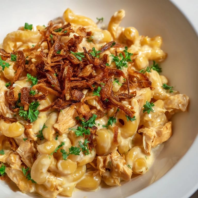Creamy mac and cheese blended with smoky BBQ chicken and honey for a comforting meal.
