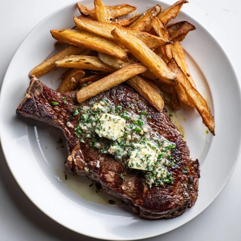 Delicious Steakhouse Garlic Butter Steak paired with fluffy fries for a classic meal.