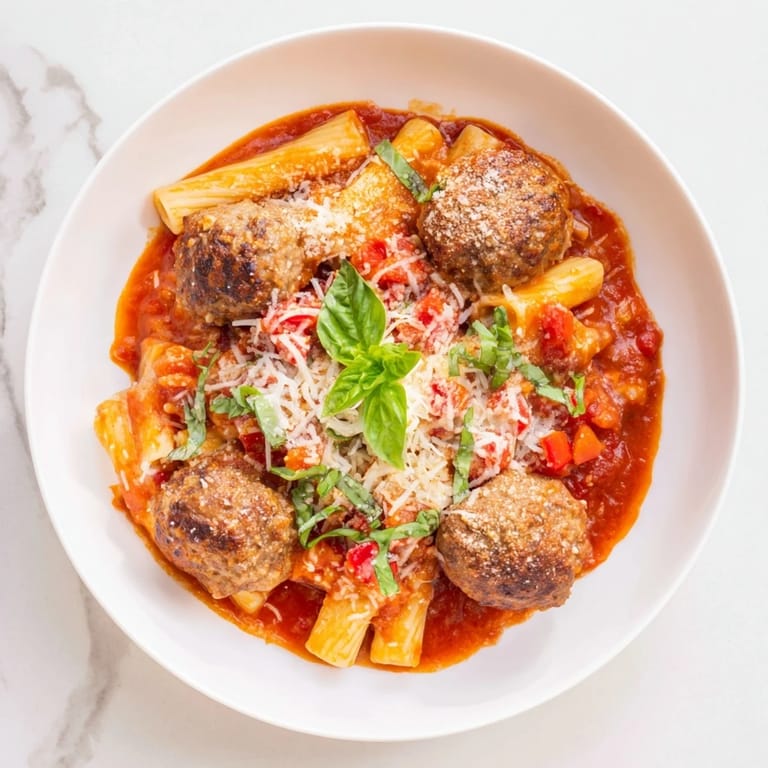 Savory Italian Meatball Pasta: A close-up shows tender meatballs nestled in pasta with melted mozzarella.