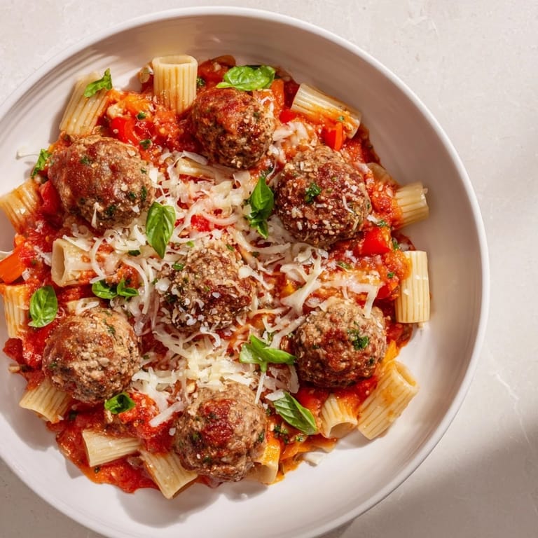 This one-pan Italian Meatball Pasta skillet is brimming with pasta, meatballs, and melted cheese, ready to serve.