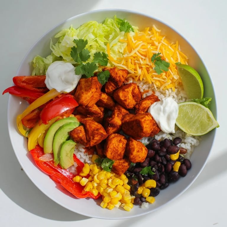 A close-up view of Sheet Pan Chicken Burrito Bowls, brimming with flavorful ingredients and toppings.