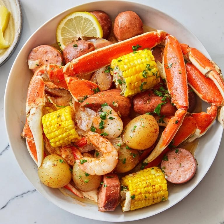 Vibrant photo showing a Southern-style Seafood Boil with Crab, Shrimp & Sausage, served with lemon wedges.