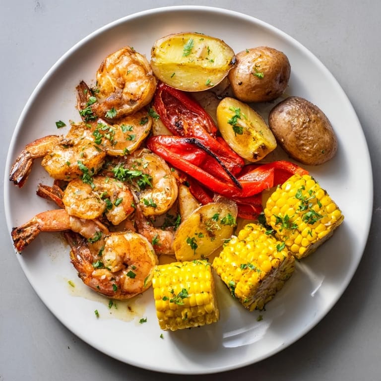This delicious Cajun Shrimp & Sweet Corn Platter is presented, boasting perfectly cooked shrimp in a flavorful sauce.