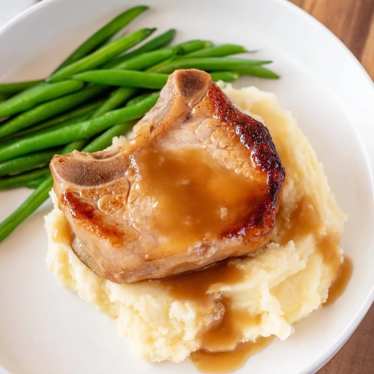 Hearty Pork Chops & Cheddar Mash Bowl features a juicy pork chop alongside rich cheddar mashed potatoes and gravy.