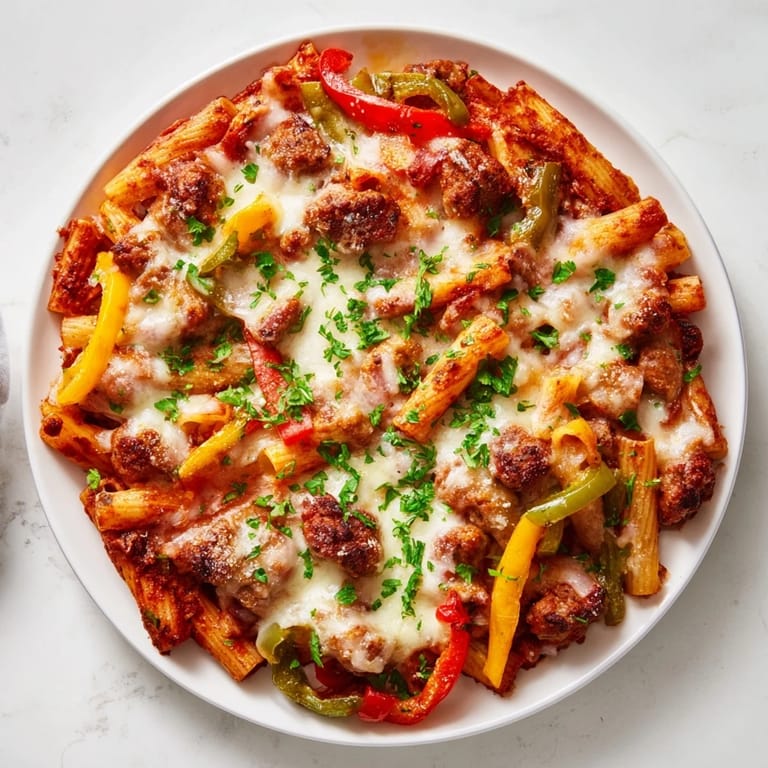 A close-up of a casserole: baked Rigatoni with Sausage & Peppers, ready to be served from the dish.