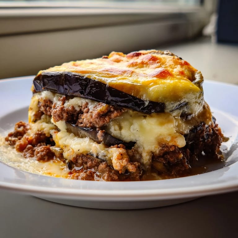 A close-up view of baked moussaka, showcasing tender eggplant and a rich, spiced beef filling.