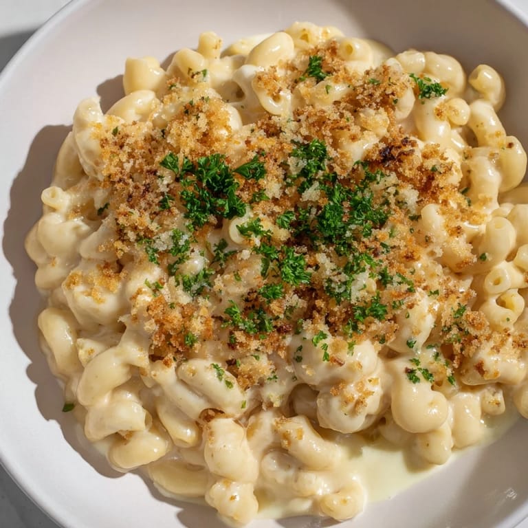 Truffle Macaroni & Cheese, a comforting baked dish, topped with golden breadcrumbs and Parmesan.