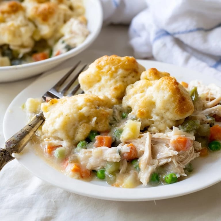 Creamy, savory Chicken and Dumplings Casserole ready to serve, with tender chicken and veggies.
