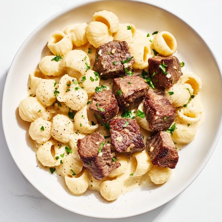 Juicy garlic butter steak bites glistening, paired alongside cheesy pasta shells, ready to enjoy together.