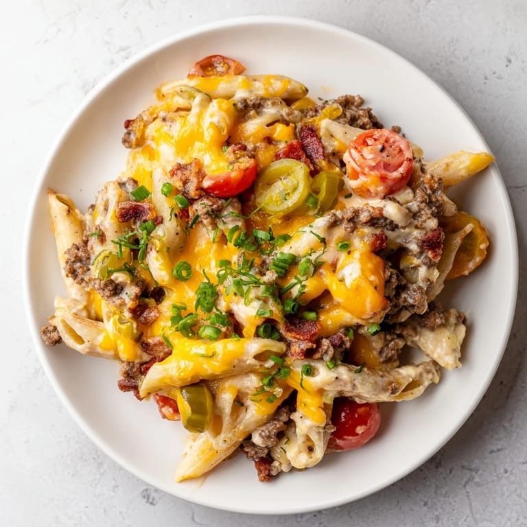 Creamy Bacon Cheeseburger Pasta Bake in a baking dish, ready to serve with flavorful pasta.