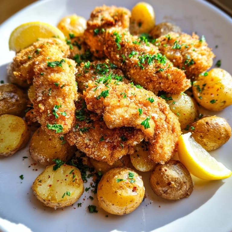 A close-up shot of the savory Parmesan crusted chicken & potatoes showing the delicious golden crust and fluffy potatoes.