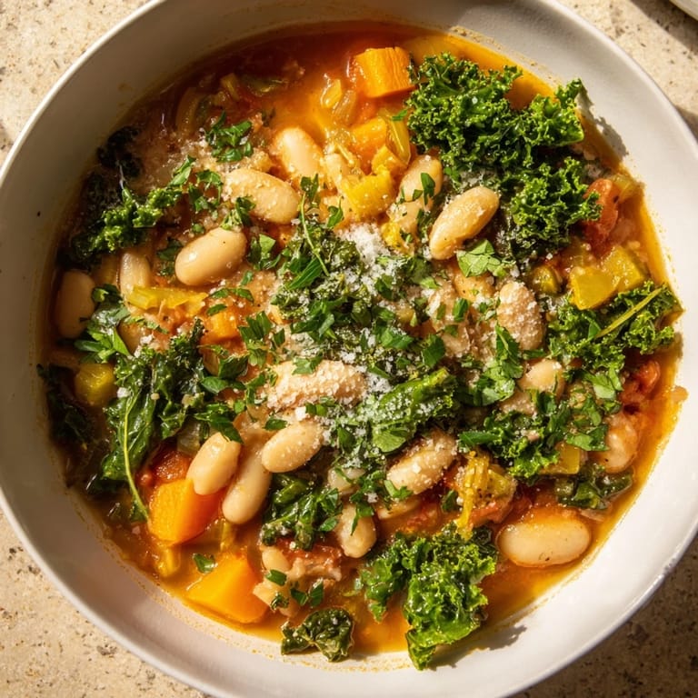 Flavorful Italian Bean & Kale Stew, garnished with fresh parsley and Parmesan cheese, ready to serve.