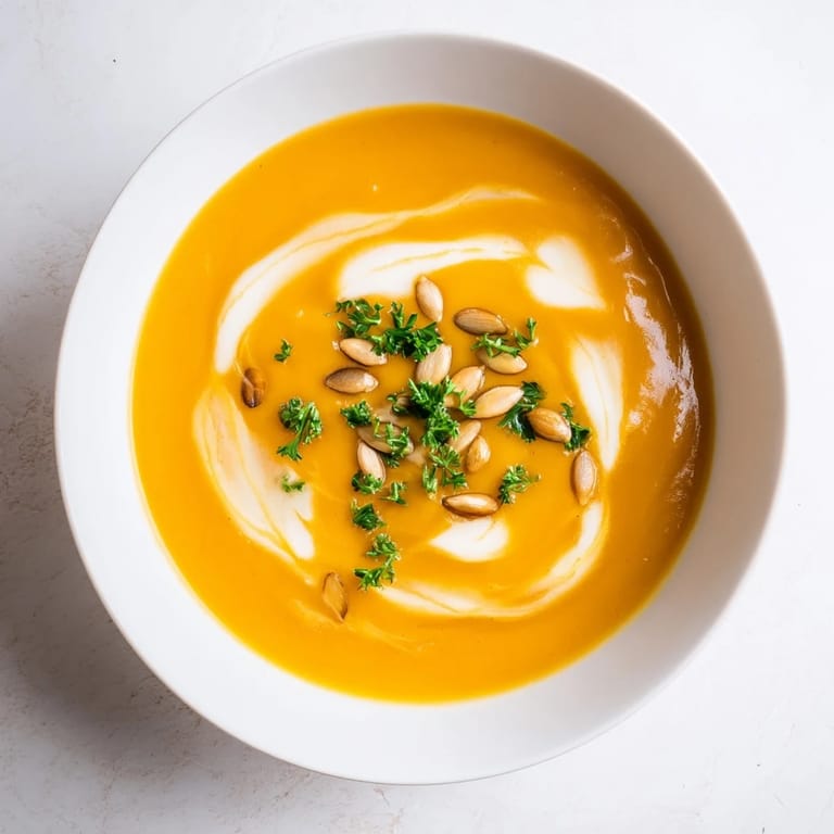 Golden-colored butternut squash & pear soup; a warm, aromatic bowl of fall comfort food.