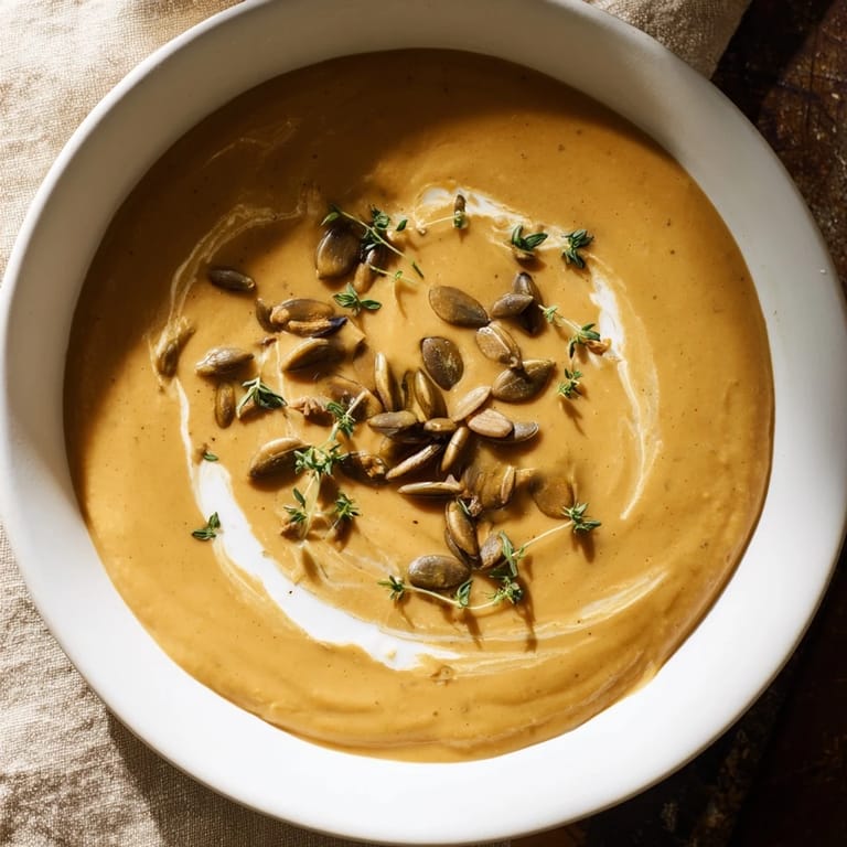 Golden-hued Creamy Roasted Acorn Squash Soup, garnished with cream and thyme, perfect for fall evenings.