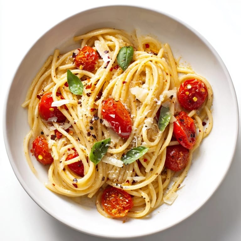 Bright photo of Lazy-Girl Pasta: spaghetti coated in a vibrant tomato sauce, ready to serve.