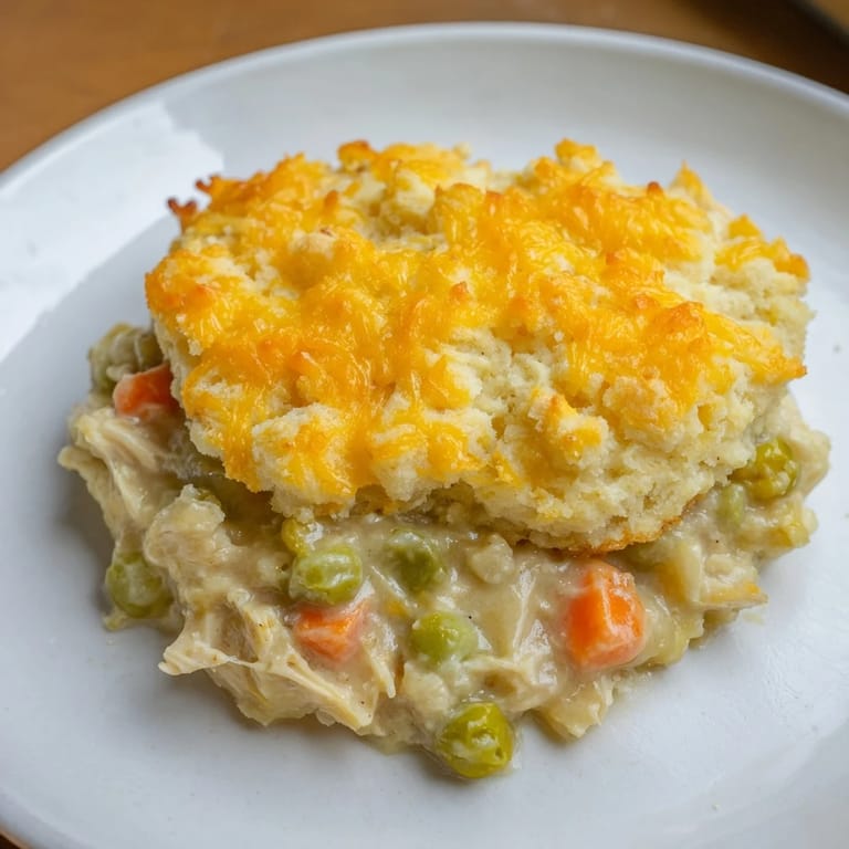 One-Pan Chicken Cobbler showcasing a savory comfort food blend of chicken, vegetables, and cheesy biscuits.