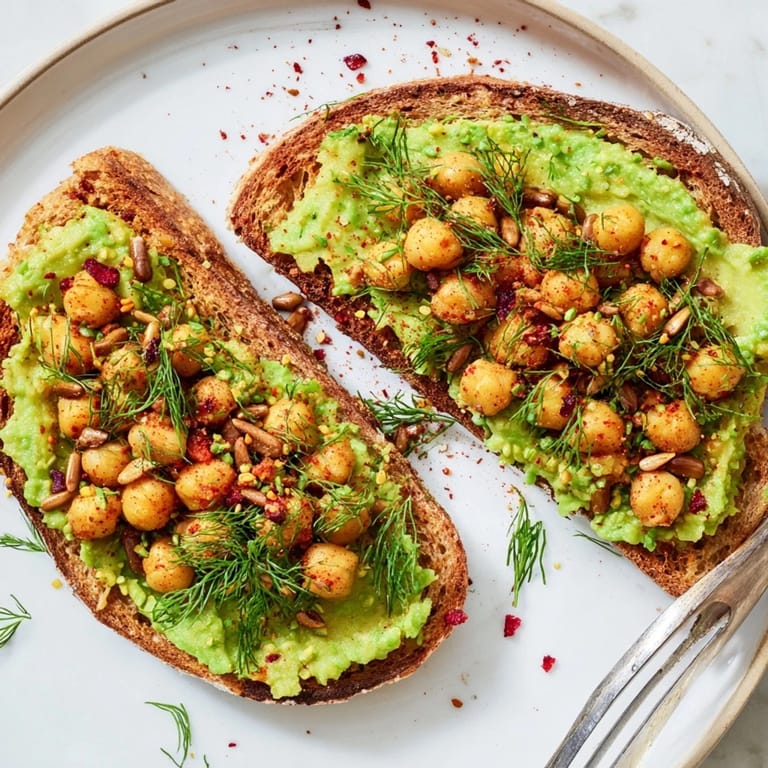 Delectable avocado toast with chickpeas & herbs, beautifully plated with fresh herbs and toasted seeds.