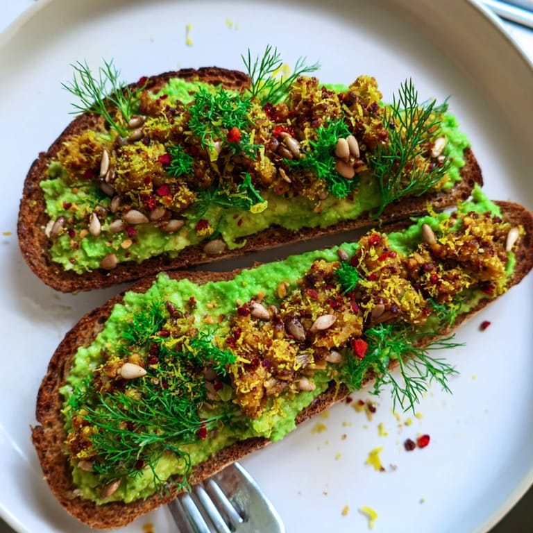 Homemade avocado toast with chickpeas & herbs: satisfying breakfast with creamy avocado, crunchy chickpeas, and herbs.