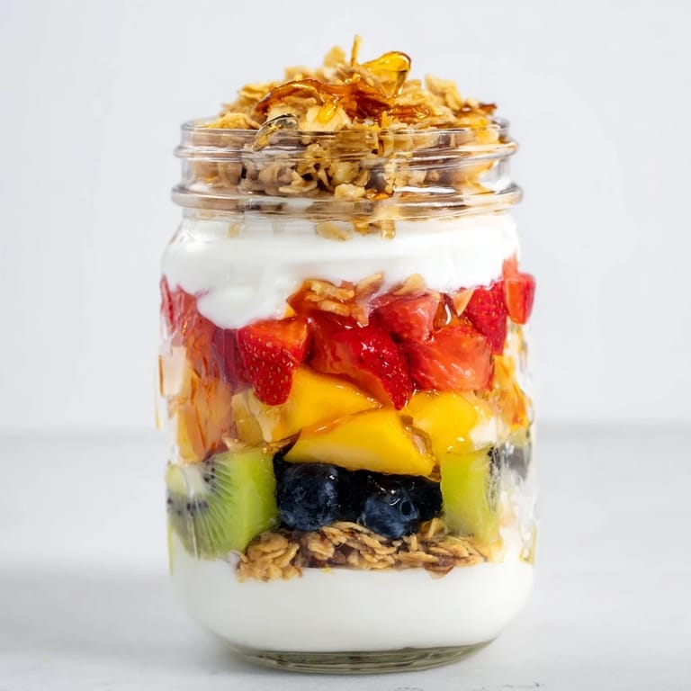 A close-up view shows a delicious yogurt parfait with granola and berries, ready to eat!