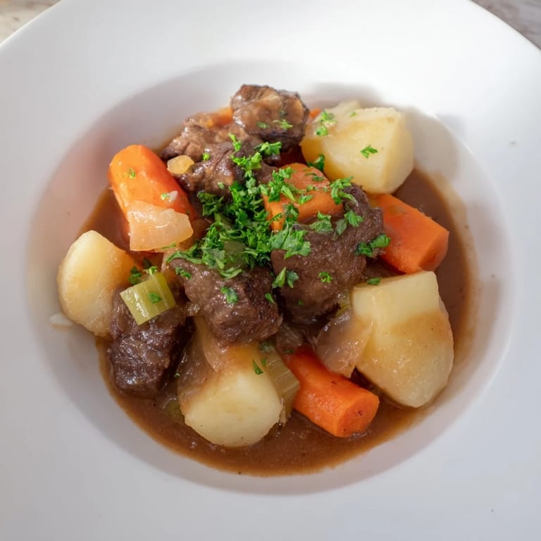 A warm bowl of delicious Instant Pot Beef Stew highlighted with fresh parsley, ready to be enjoyed.