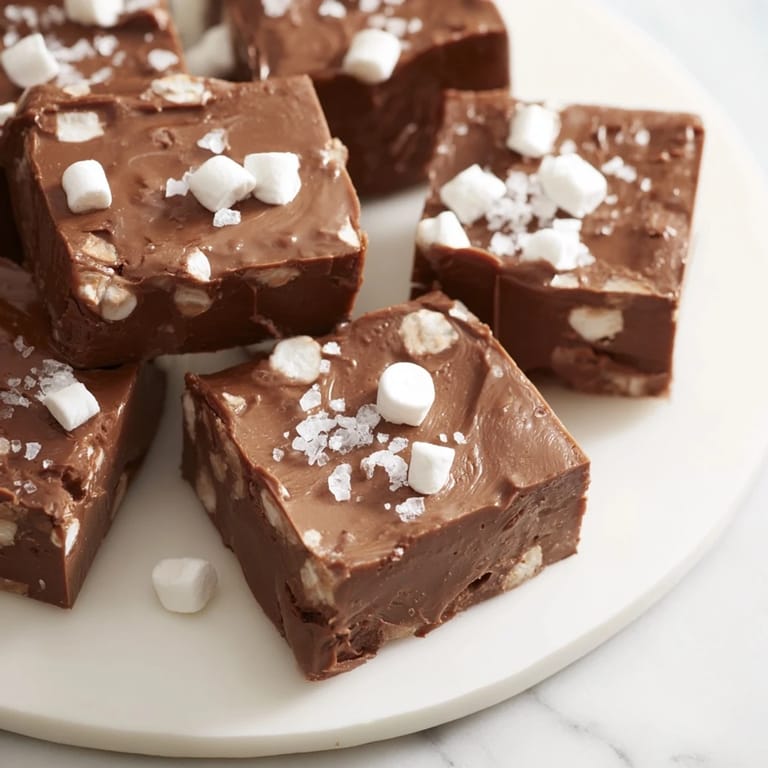 A close-up of Easy Marshmallow Fudge—smooth chocolate base studded with fluffy white marshmallows, perfect for a treat.