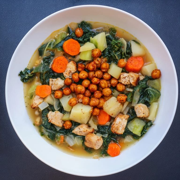 Hearty Chicken Kale Soup with visible carrots, kale, and crunchy chickpeas ready to eat.