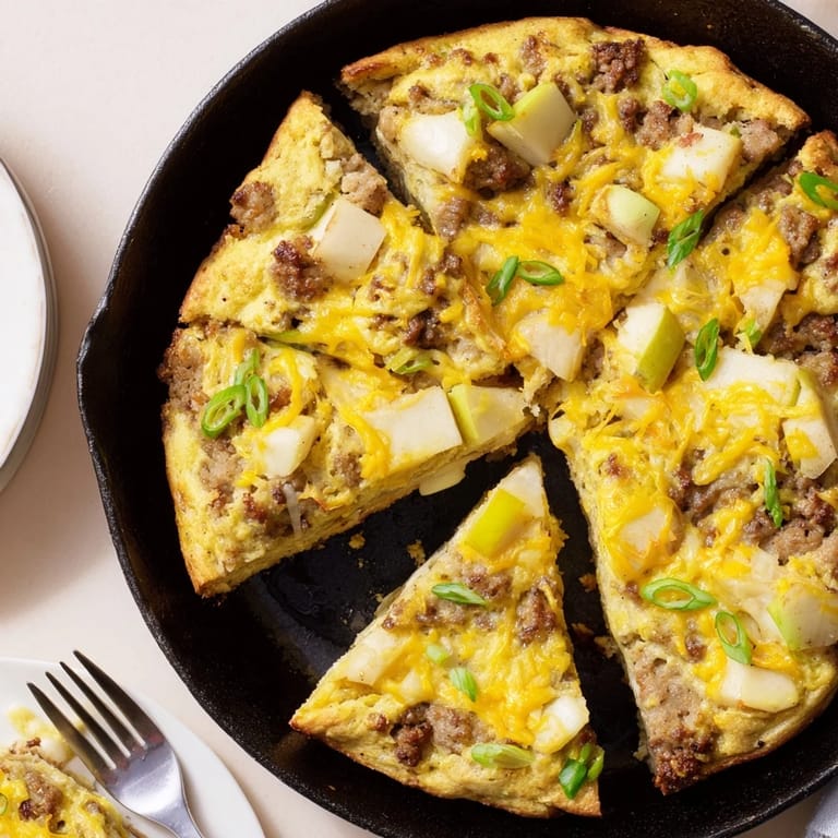 Imagine the crusty top of this Savory Apple, Sausage, and Cheddar Scone Skillet, with melted cheese.