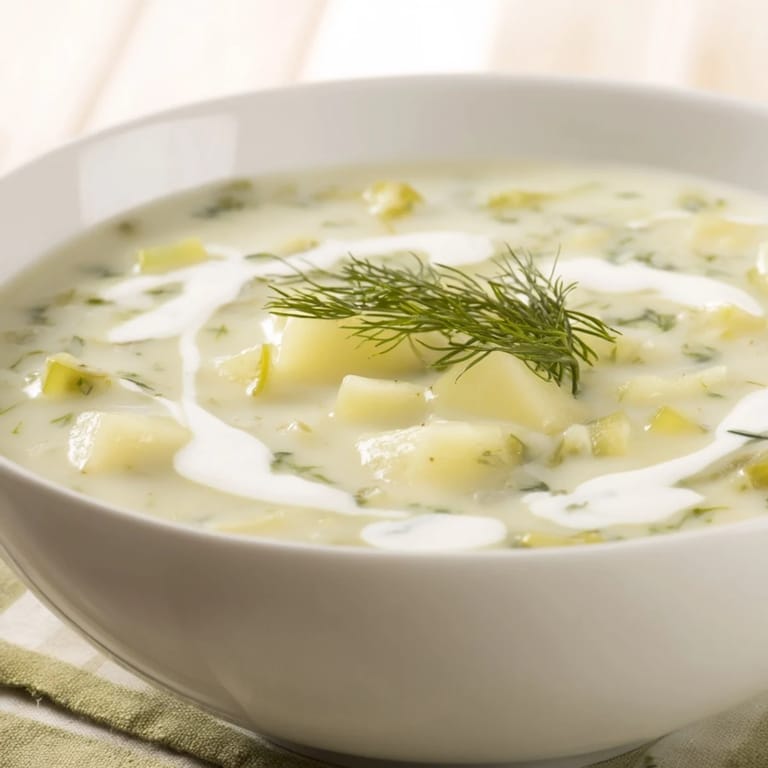 Thick, comforting creamy dill pickle soup, perfect with a crusty roll and a delightful dill pickle.