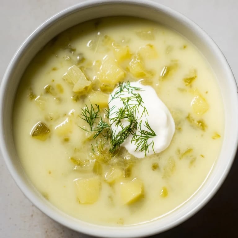 Close-up of creamy dill pickle soup, a hearty vegetarian soup with visible pickle and potato chunks.
