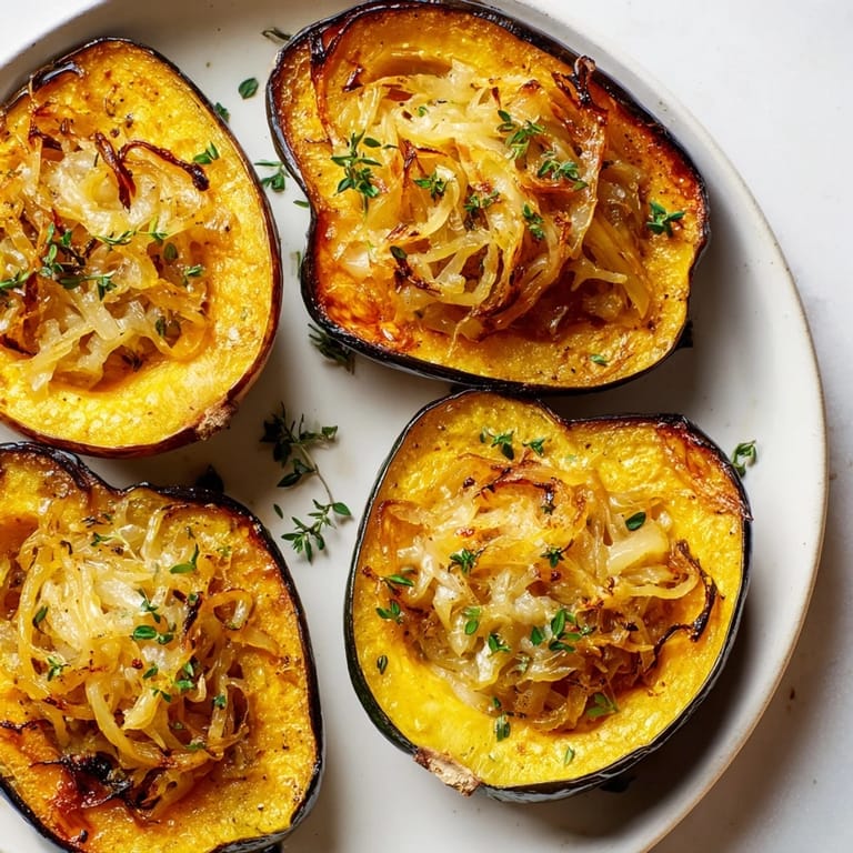 Warm, comforting Acorn Squash with Caramelized Onion Gruyere: a gluten-free vegetarian delight.