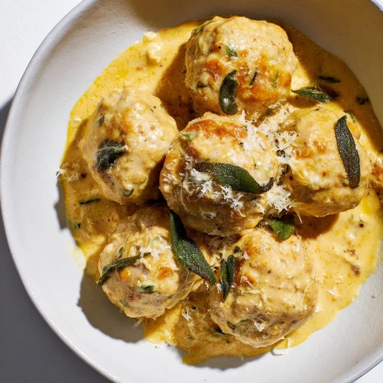 A close-up of tender Easy Turkey Meatballs, perfectly coated in rich pumpkin sage sauce.