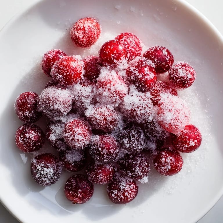 Ruby red, glistening 5-Minute Express Candied Cranberries ready for snacking or as a dessert garnish.