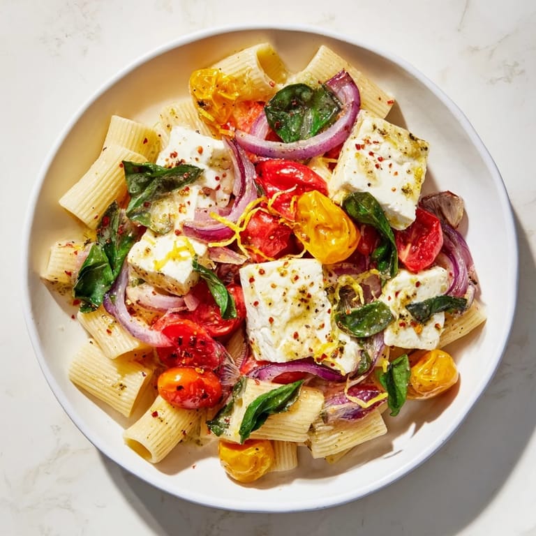 Earthy tones of red and green abound in this one-pan baked feta Christmas pasta recipe, ready to eat!