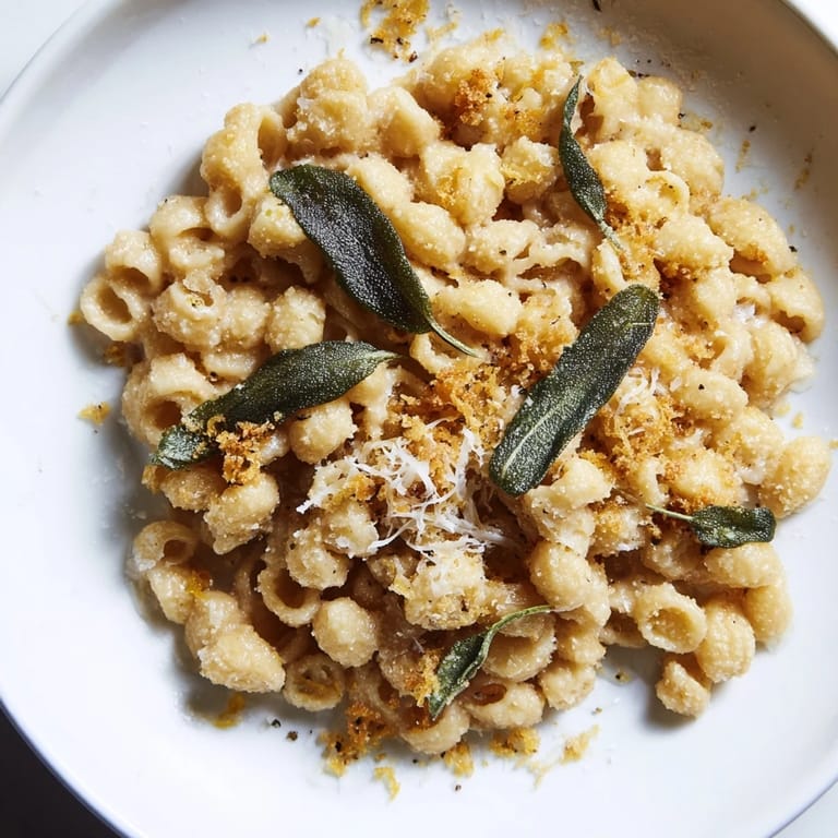 A close-up of Brown Butter & Sage Ditalini shows the perfectly cooked pasta with parmesan cheese.
