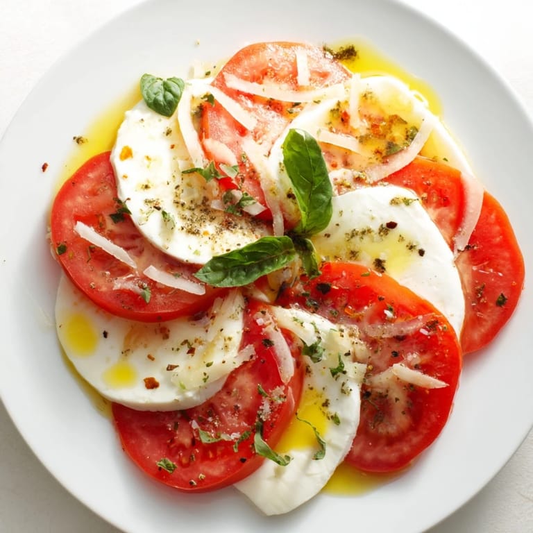 Fresh basil garnishes a vibrant Speedy Feta-Free Tomato Bake, a flavorful Mediterranean side dish.