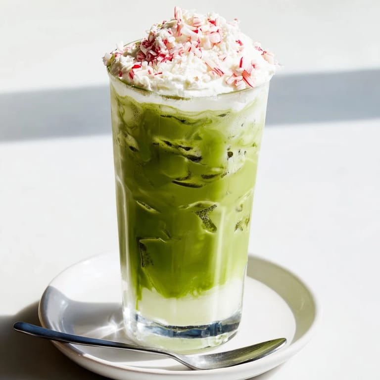 Enjoy the vibrant green color of this Sugar-Free White Chocolate Candy Cane Iced Matcha, perfect for the holidays.