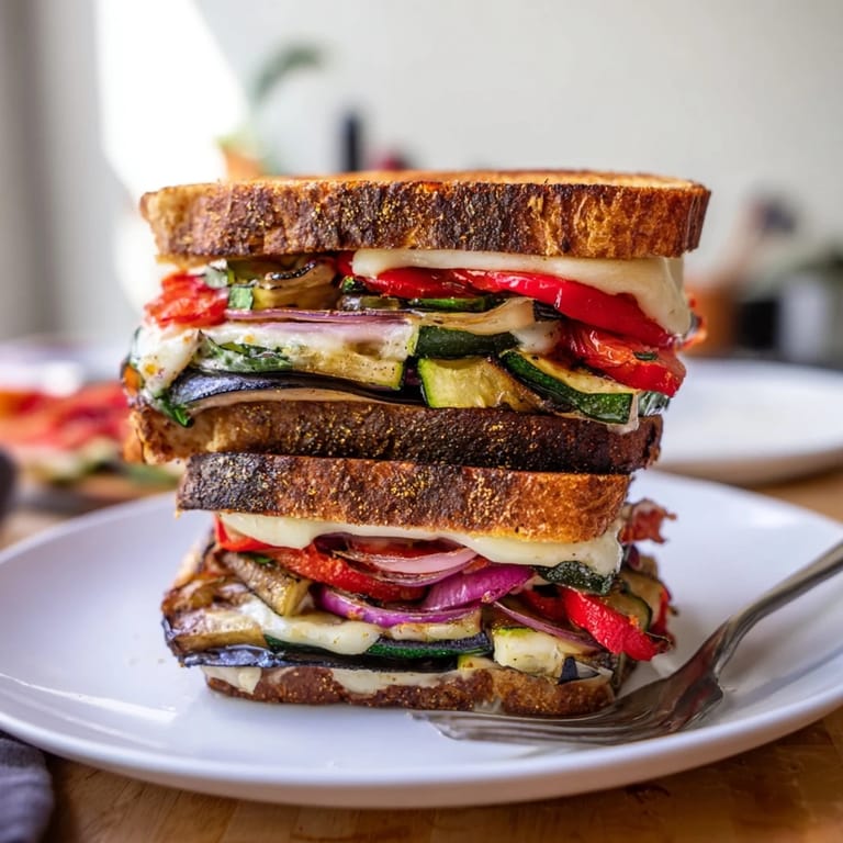 Enjoy a warm Sheet-Pan Roasted Veggie Caprese Grilled Cheese filled with juicy tomatoes and flavorful roasted vegetables.